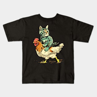 Funny Cat Riding a Chicken Kids T-Shirt